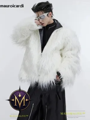 Winter Short White Thick Warm Shaggy Hairy Soft Faux Mongolian Fur Coat Men High Quality Luxury Fluffy Jacket 2023