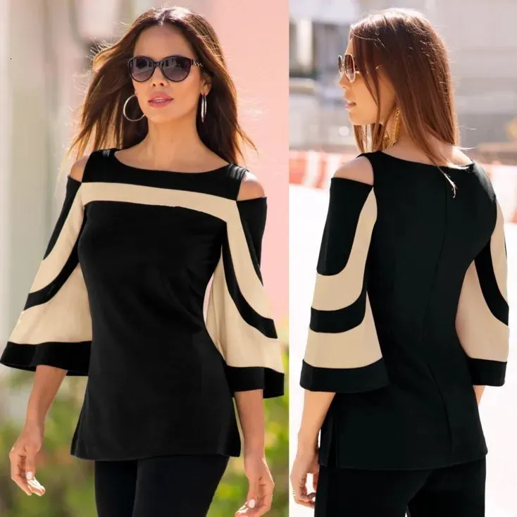 Wipalo Women Casual Fashion Flare Sleeve Cold Shoulder Two Tone Spring Blouse Boat Neck Three Quarter Blouse Shirt Women Tops Y19062501