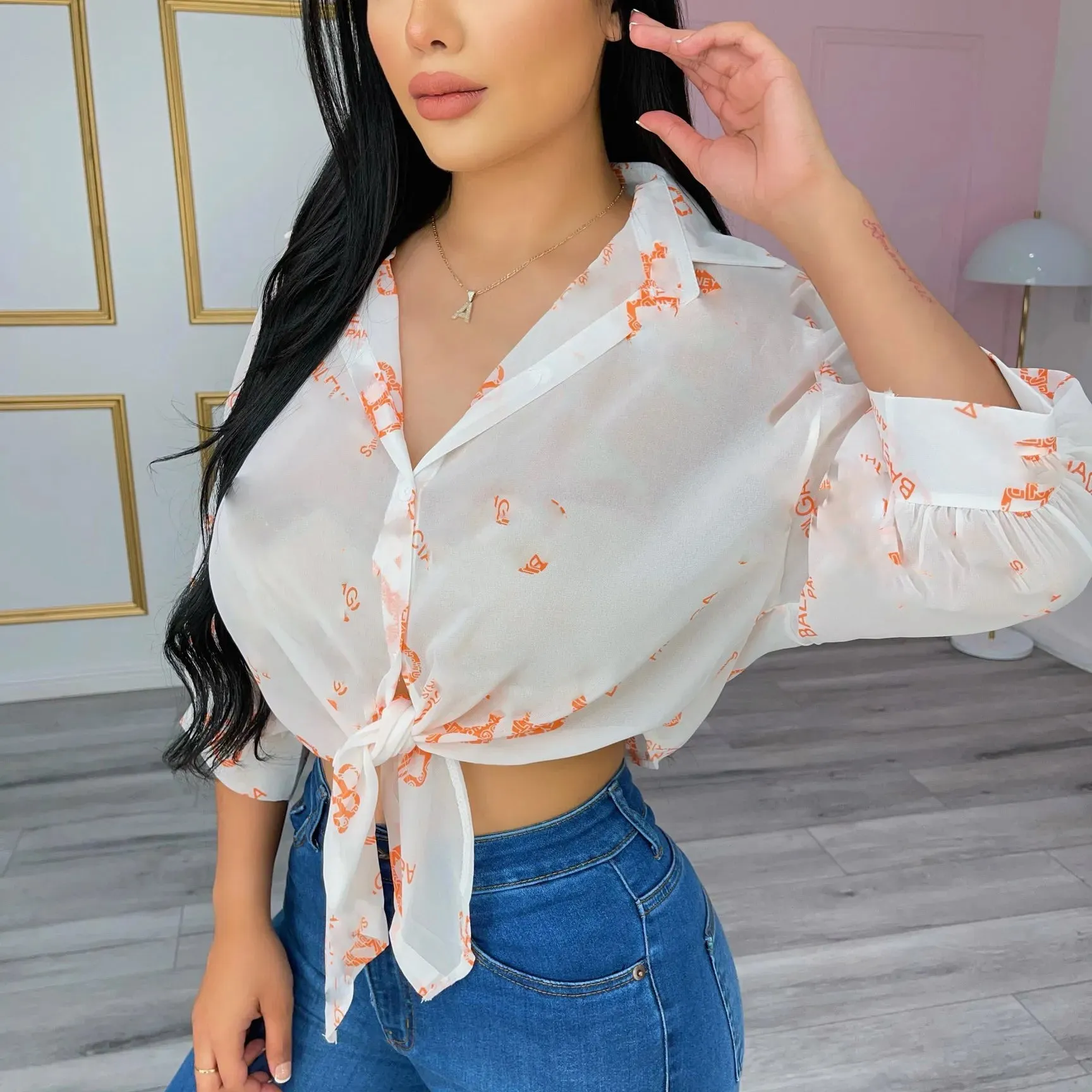 Women Blouses Shirts Casual Letter Print Shirt Tops Designer Blouse Long Sleeved Free Ship