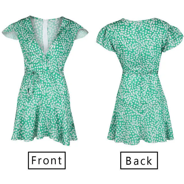 Women Boho Beach Summer Holiday Clothes Short Sleeve V-neck Floral Dress Elegant Playa Party Ladies Dress Fashion Tunic Sundress