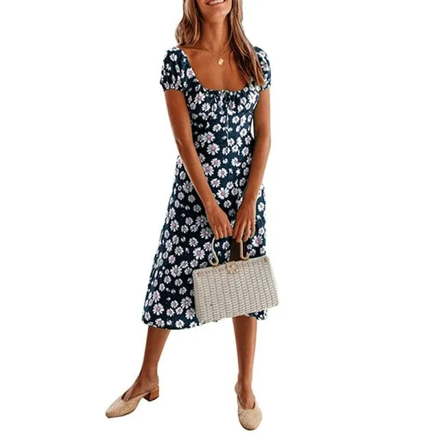 Women Boho Beach Summer Holiday Clothes Short Sleeve V-neck Floral Dress Elegant Playa Party Ladies Dress Fashion Tunic Sundress