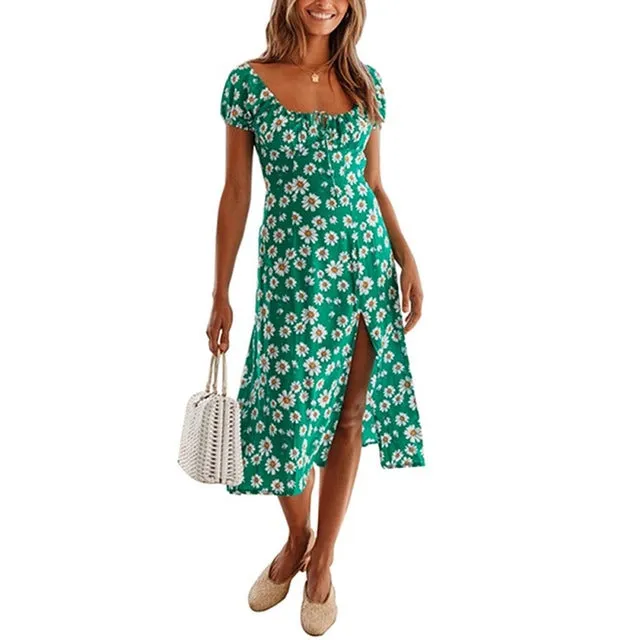 Women Boho Beach Summer Holiday Clothes Short Sleeve V-neck Floral Dress Elegant Playa Party Ladies Dress Fashion Tunic Sundress