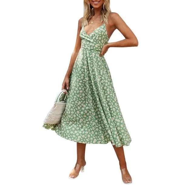Women Boho Beach Summer Holiday Clothes Short Sleeve V-neck Floral Dress Elegant Playa Party Ladies Dress Fashion Tunic Sundress