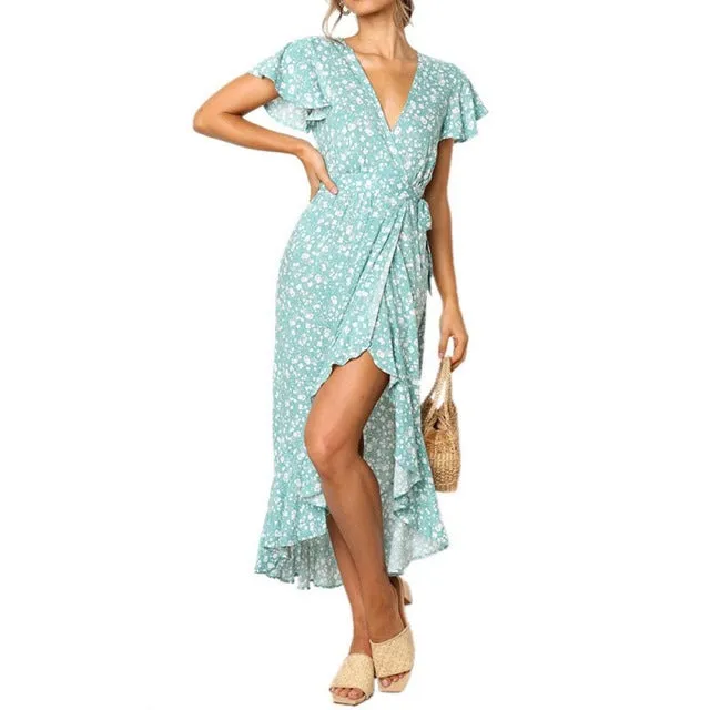 Women Boho Beach Summer Holiday Clothes Short Sleeve V-neck Floral Dress Elegant Playa Party Ladies Dress Fashion Tunic Sundress