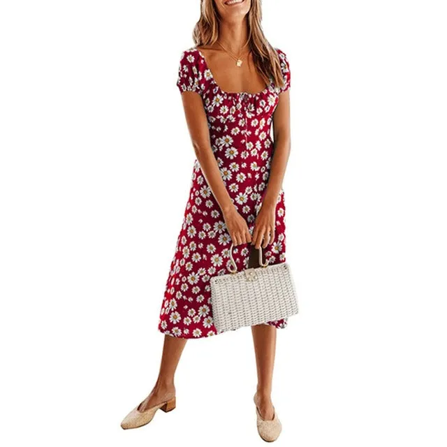Women Boho Beach Summer Holiday Clothes Short Sleeve V-neck Floral Dress Elegant Playa Party Ladies Dress Fashion Tunic Sundress
