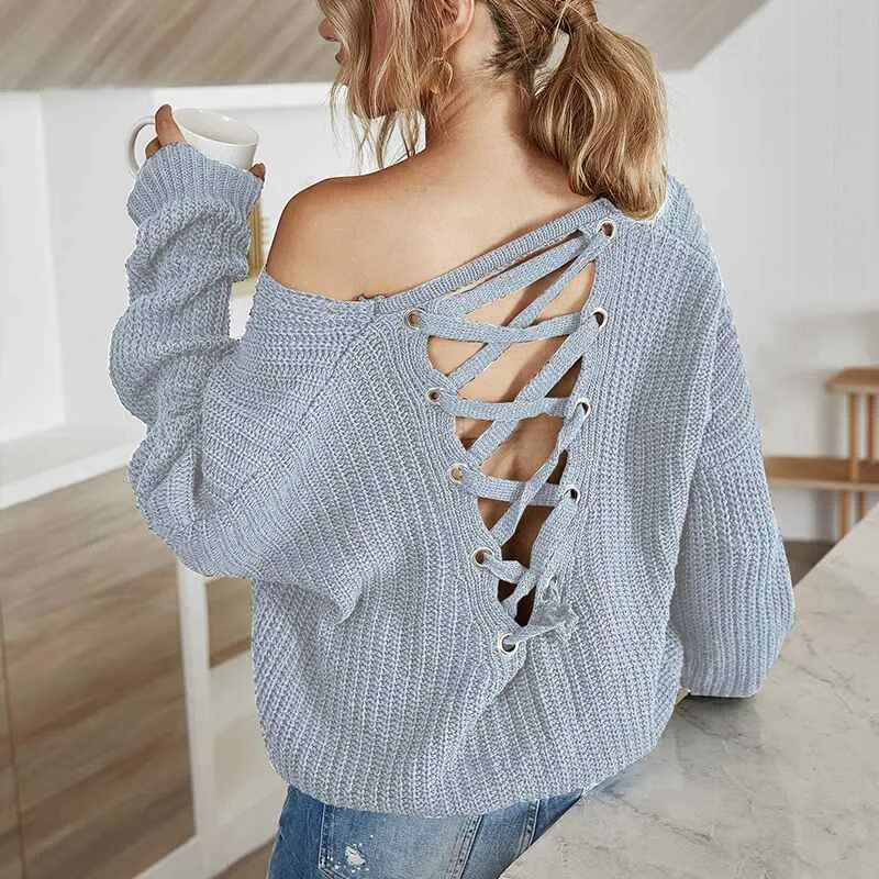 Women Criss Cross V Back Sweaters Fall Trendy Long Sleeve Crewneck Knitted Pullover Jumper Top K295