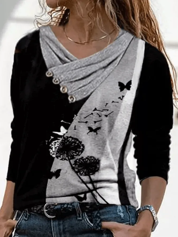 Women Floral Casual V-Neckline Long Sleeve Blouses