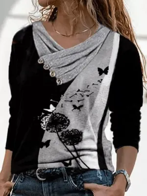 Women Floral Casual V-Neckline Long Sleeve Blouses