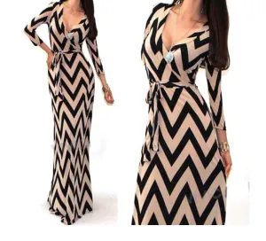 Women Maxi dresses V-neck striped dress three quarter sleeve long Nightclub dress 922 DX