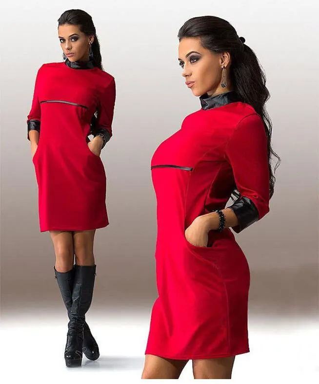 Women PU Patchwork Dress Mini Party Dress Autumn Sheath Pencil Dresses Ukraine Package Hip Tshirt With Pockets