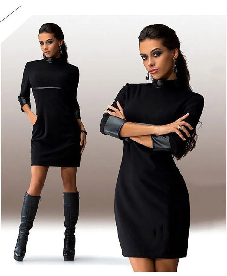 Women PU Patchwork Dress Mini Party Dress Autumn Sheath Pencil Dresses Ukraine Package Hip Tshirt With Pockets