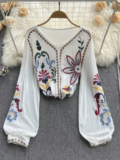 Women s Blouses Shirts Bohemian Blouse Embroidered Top Spring Summer V neck Loose Lantern Sleeves Ethnic Cotton Linen Shirt Female Blusa D1105 230403