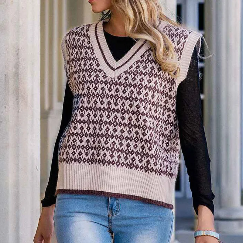 Women V Neck Plaid Print Sweater Vest Sleeveless Rib Knit Crop Tank Tops K341