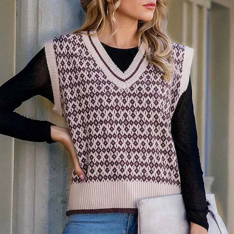 Women V Neck Plaid Print Sweater Vest Sleeveless Rib Knit Crop Tank Tops K341