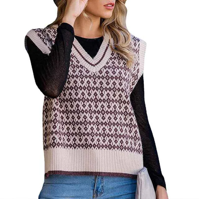 Women V Neck Plaid Print Sweater Vest Sleeveless Rib Knit Crop Tank Tops K341