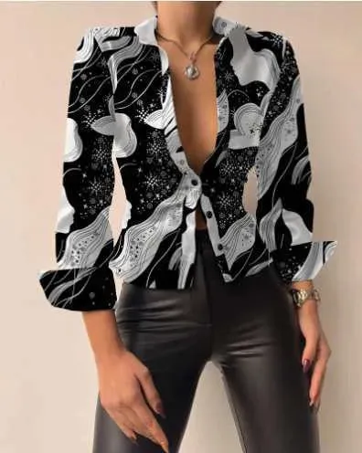Women's Blouses Shirts  New Fashion Popular Spring Long Sleeve V-Neck PU Leather Splice Women's Shirt Women Y2303