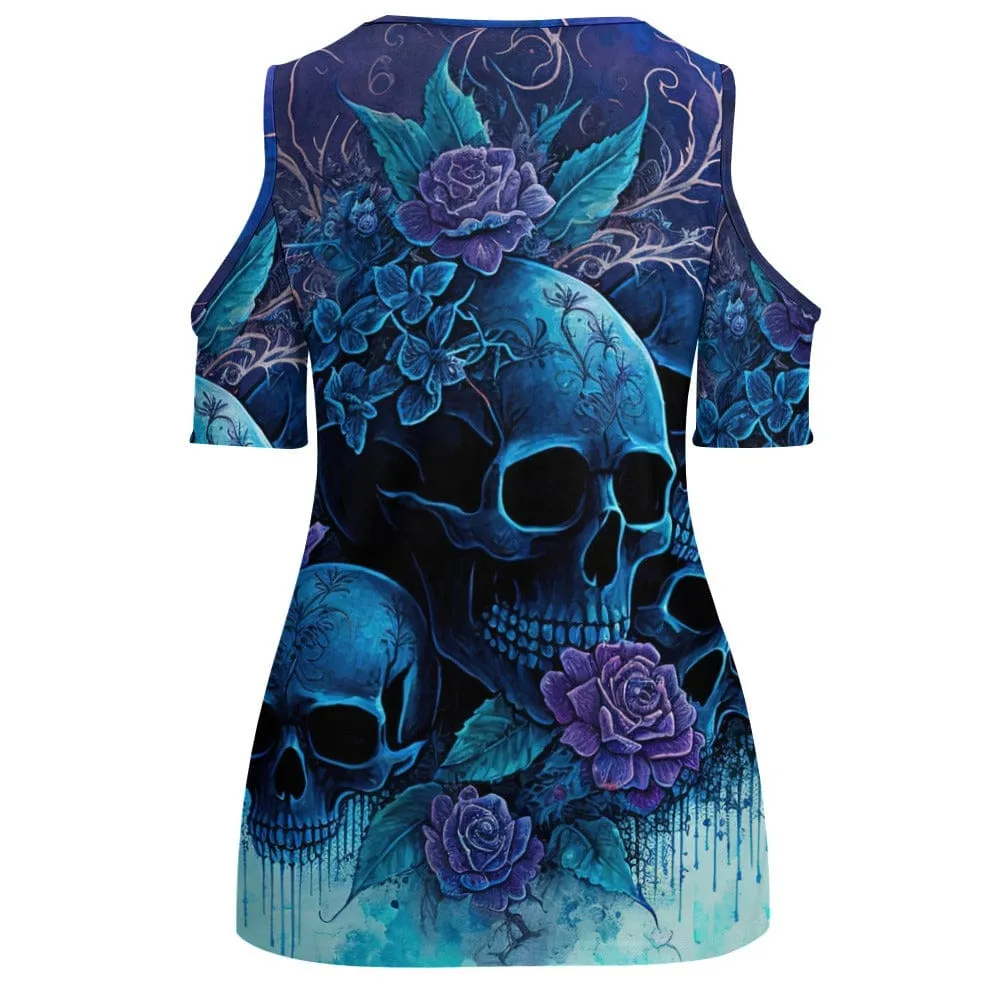 Women's Blue Skulls Floral Off Shoulder U-neck Blouse