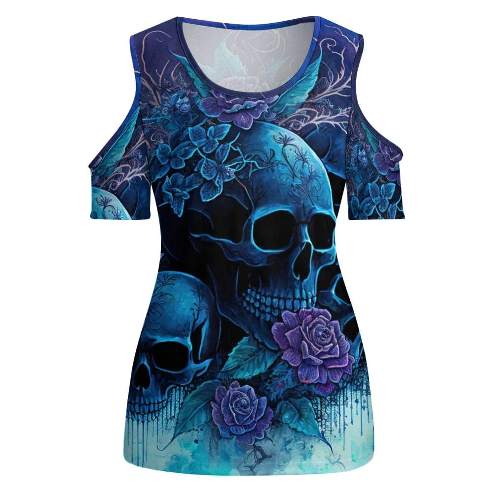 Women's Blue Skulls Floral Off Shoulder U-neck Blouse