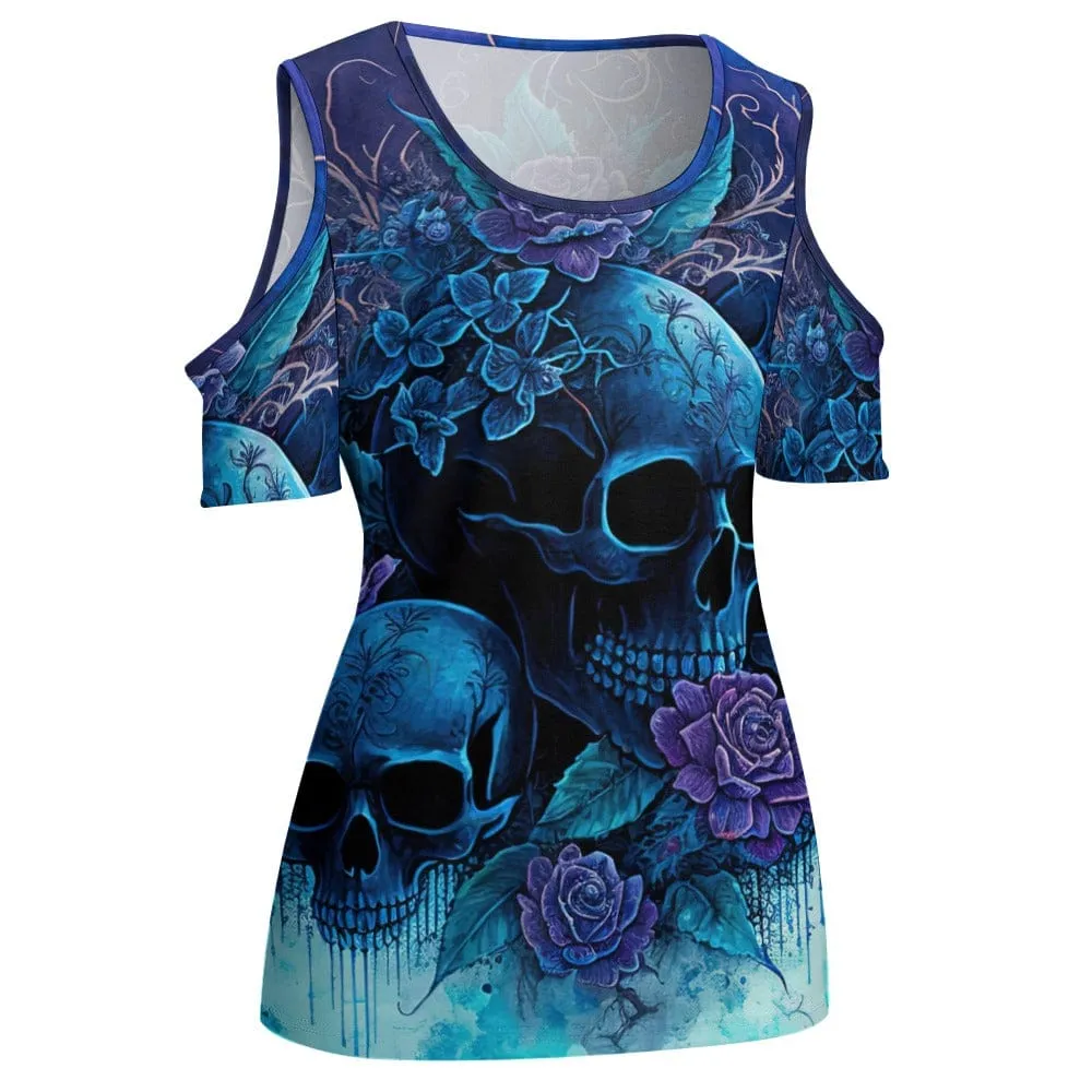 Women's Blue Skulls Floral Off Shoulder U-neck Blouse
