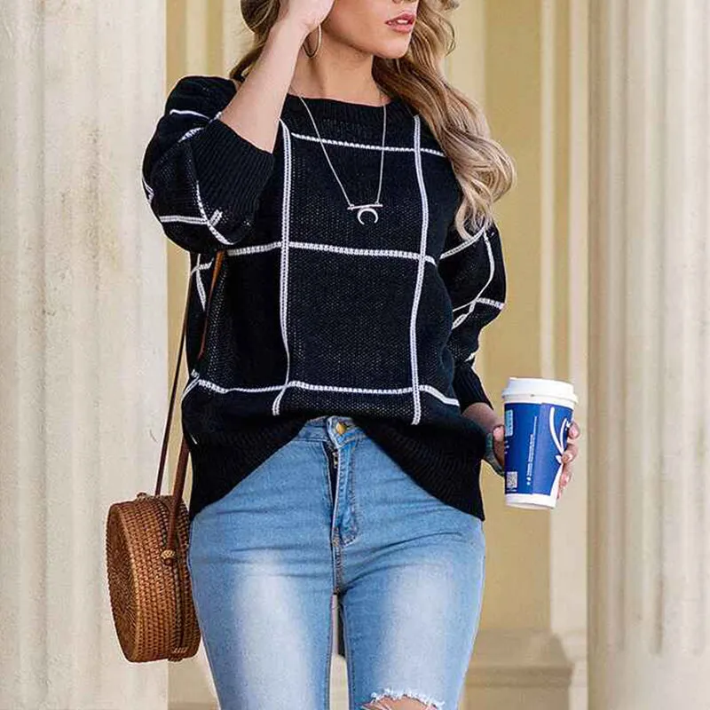 Women's Casual Checkerboard Plaid Cropped Sweater Crew Neck Long Sleeve Color Block Knit Pullover K355