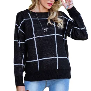 Women's Casual Checkerboard Plaid Cropped Sweater Crew Neck Long Sleeve Color Block Knit Pullover K355
