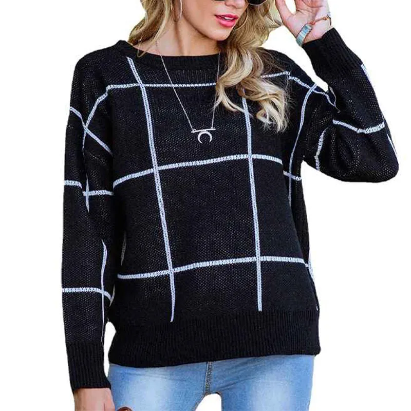 Women's Casual Checkerboard Plaid Cropped Sweater Crew Neck Long Sleeve Color Block Knit Pullover K355