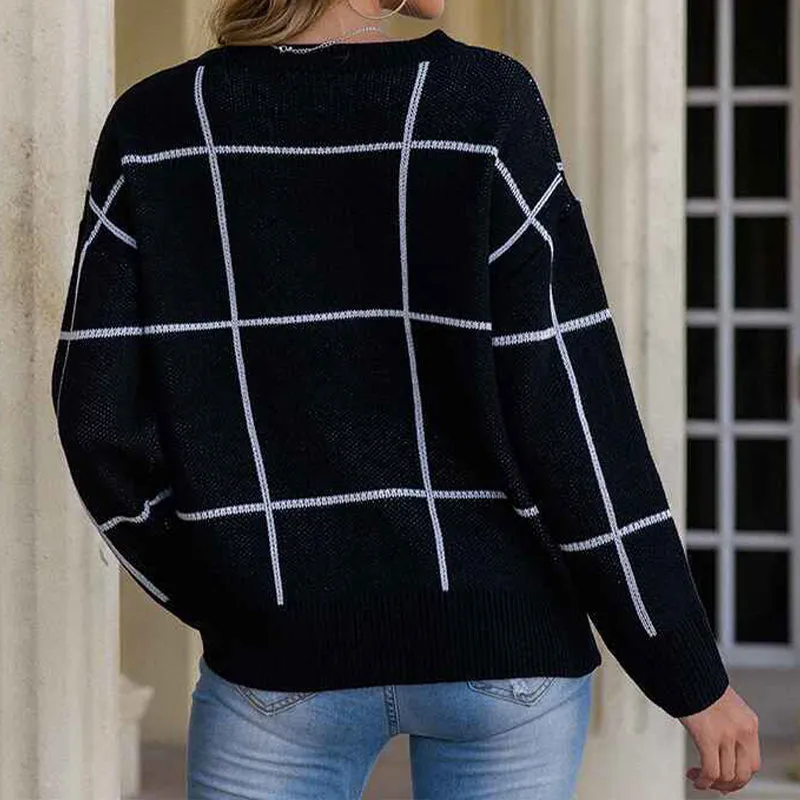 Women's Casual Checkerboard Plaid Cropped Sweater Crew Neck Long Sleeve Color Block Knit Pullover K355