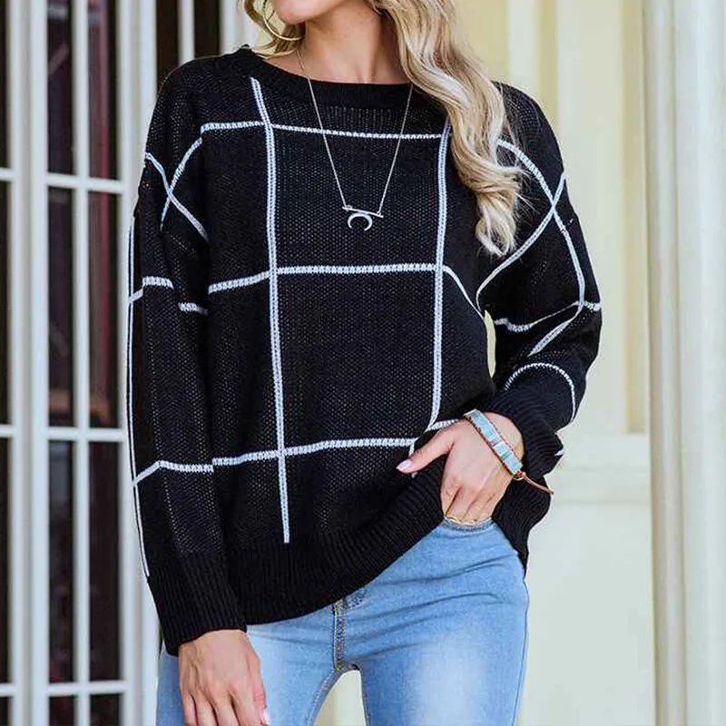 Women's Casual Checkerboard Plaid Cropped Sweater Crew Neck Long Sleeve Color Block Knit Pullover K355