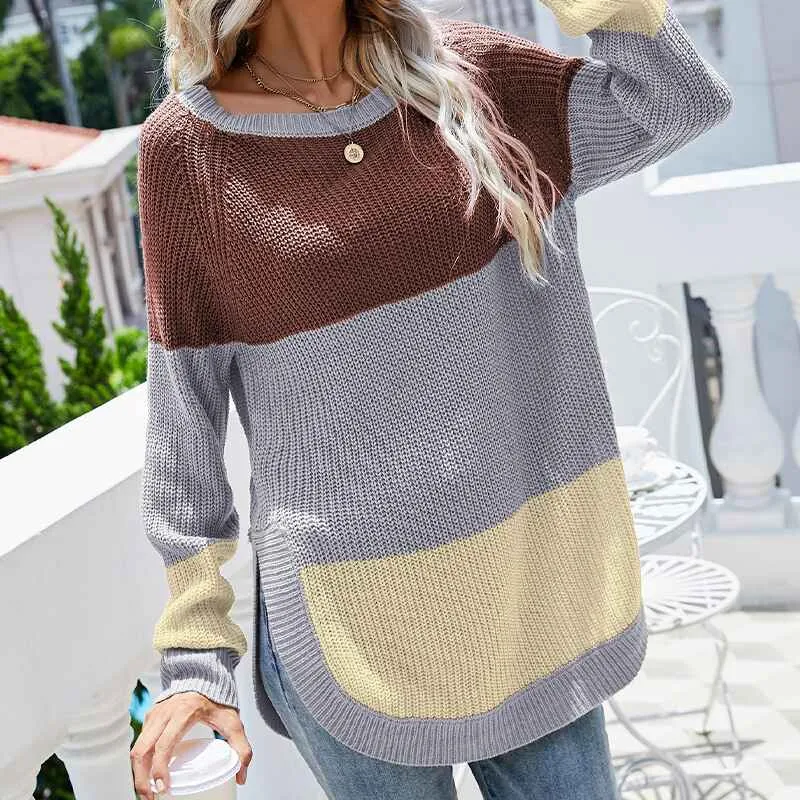 Women's Casual Color Block Knit Sweater Crew Neck Long Sleeve Pullover Jumper Tops K350