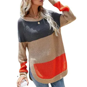 Women's Casual Color Block Knit Sweater Crew Neck Long Sleeve Pullover Jumper Tops K350