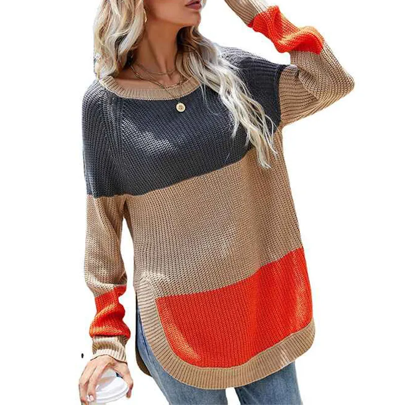 Women's Casual Color Block Knit Sweater Crew Neck Long Sleeve Pullover Jumper Tops K350