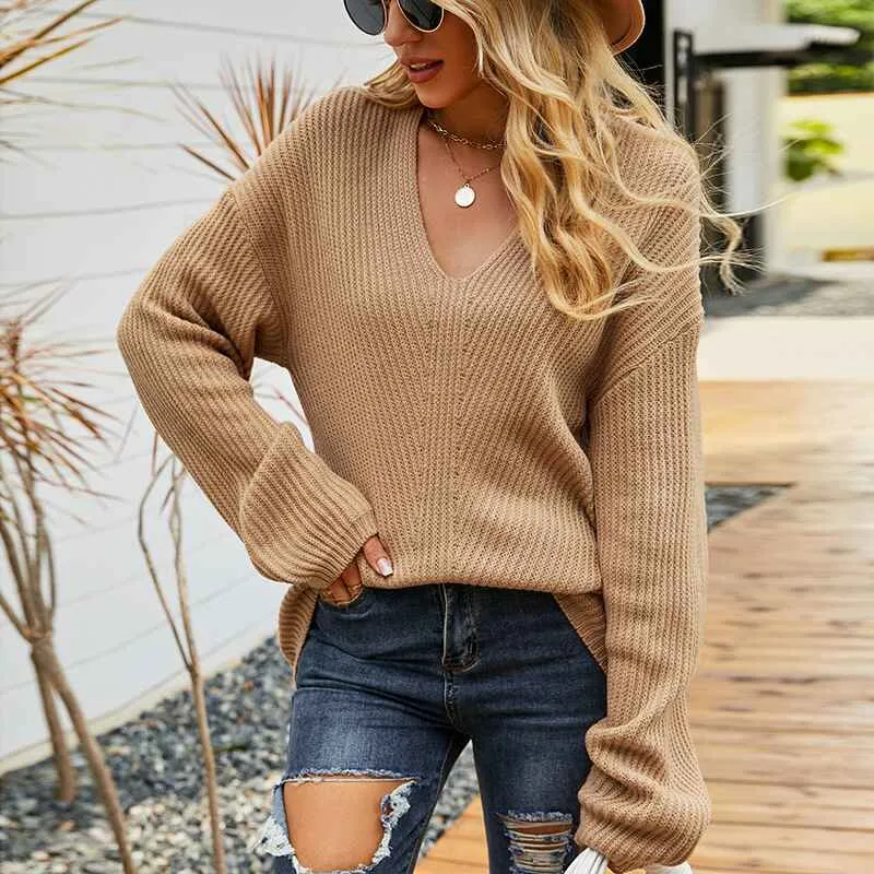 Women's Casual Knitwear Pullover Sweater Soild Color V-Neck Loose Long Sleeve Knit Jumper Tops K444
