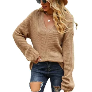 Women's Casual Knitwear Pullover Sweater Soild Color V-Neck Loose Long Sleeve Knit Jumper Tops K444