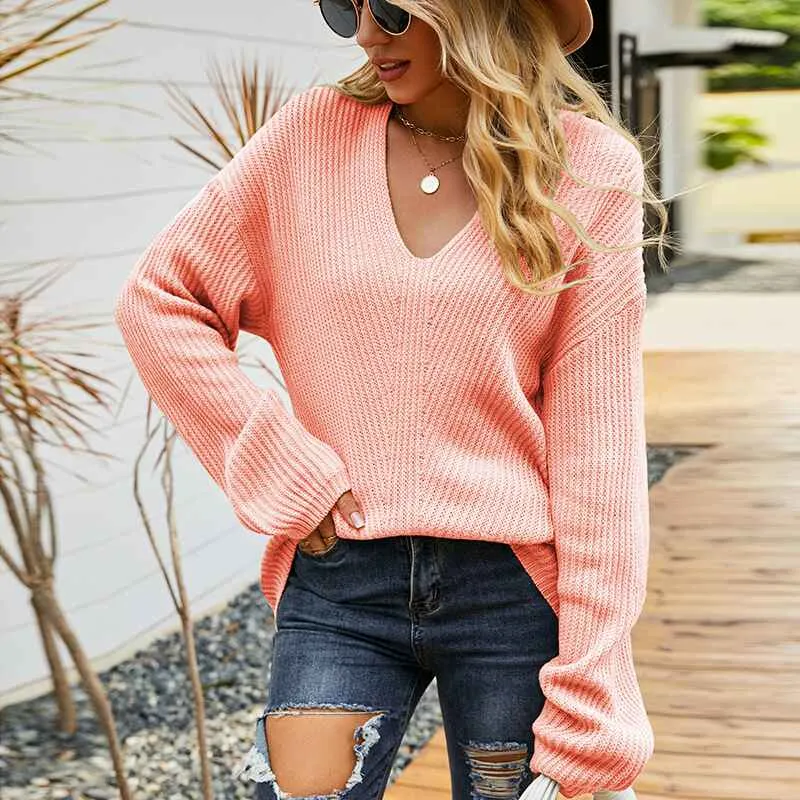 Women's Casual Knitwear Pullover Sweater Soild Color V-Neck Loose Long Sleeve Knit Jumper Tops K444