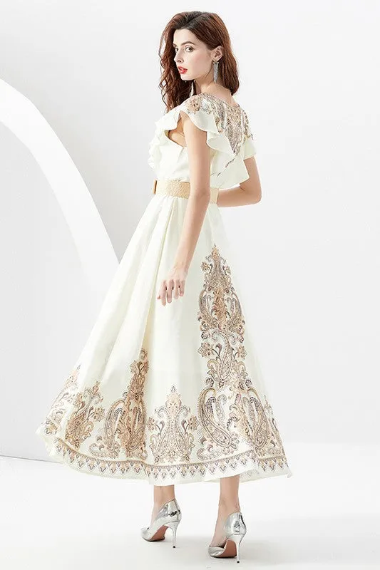 Women's Circle Skirt Design Maxi Dress with Belt