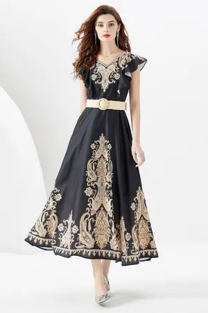 Women's Circle Skirt Design Maxi Dress with Belt