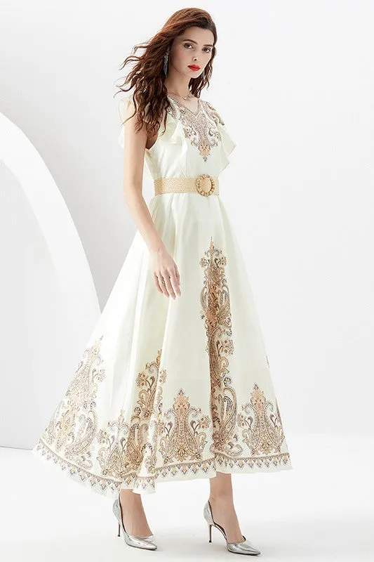 Women's Circle Skirt Design Maxi Dress with Belt