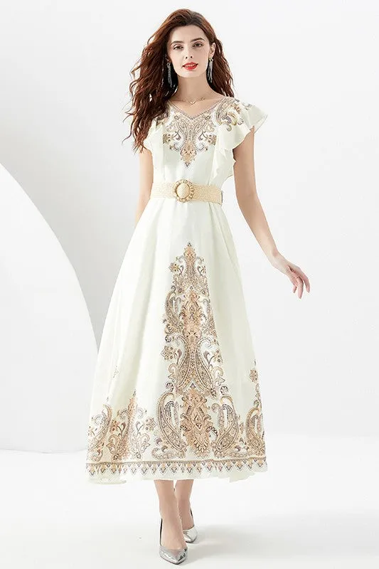 Women's Circle Skirt Design Maxi Dress with Belt
