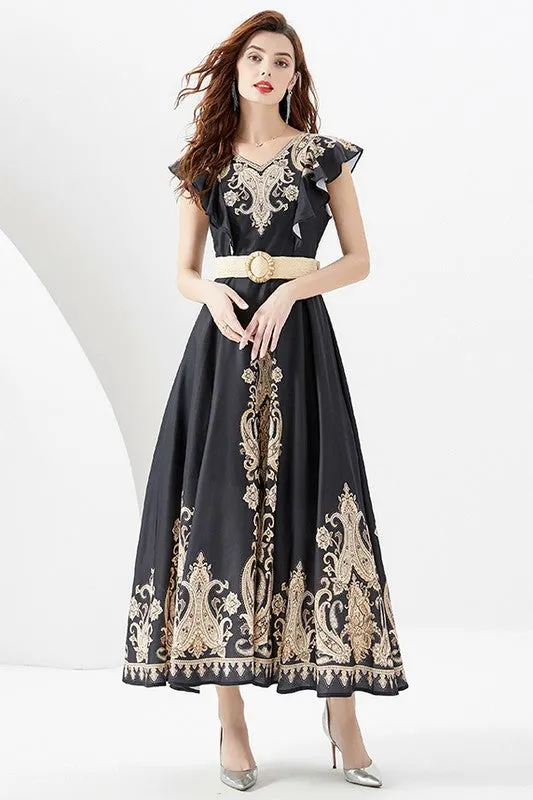 Women's Circle Skirt Design Maxi Dress with Belt