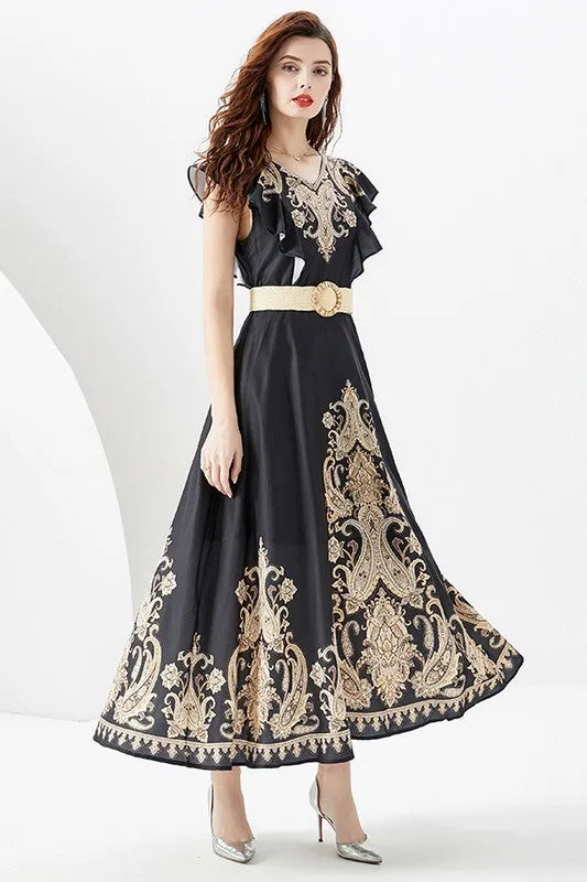 Women's Circle Skirt Design Maxi Dress with Belt