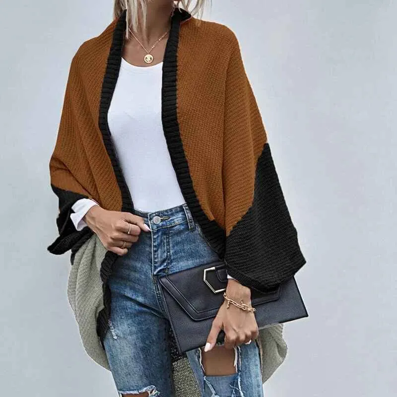 Womens Color Block Cardigan Open Front Sweaters Loose Knit Casual Coat K286