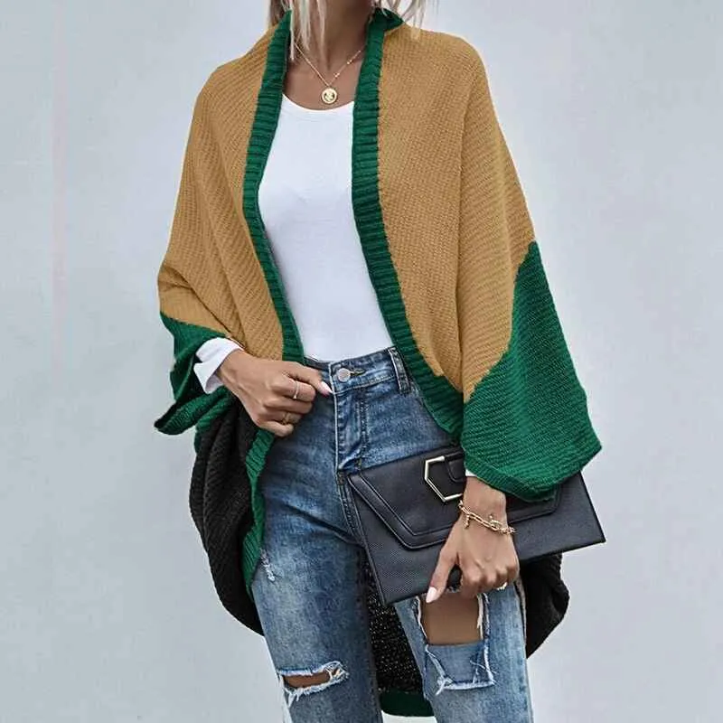 Womens Color Block Cardigan Open Front Sweaters Loose Knit Casual Coat K286