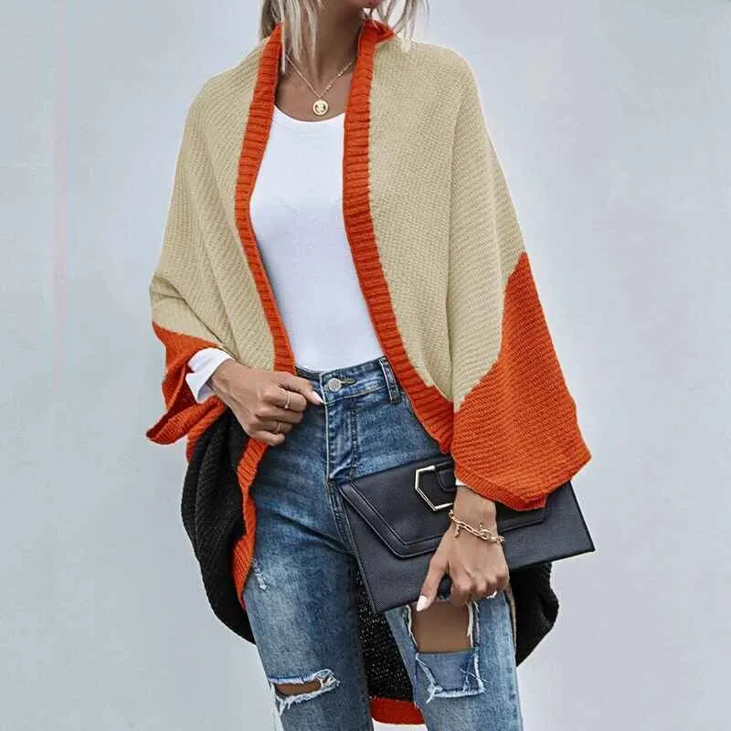 Womens Color Block Cardigan Open Front Sweaters Loose Knit Casual Coat K286