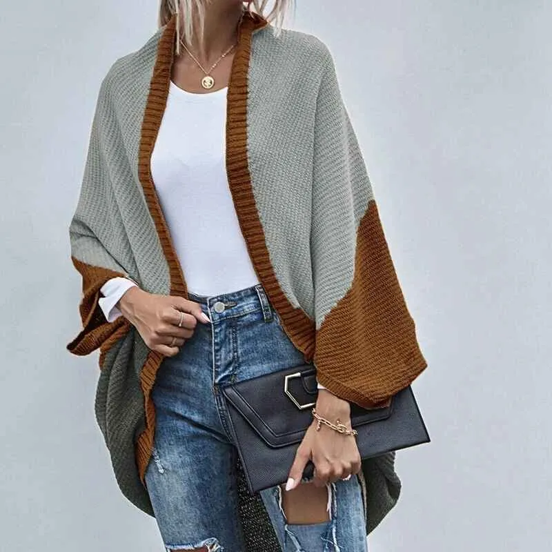 Womens Color Block Cardigan Open Front Sweaters Loose Knit Casual Coat K286