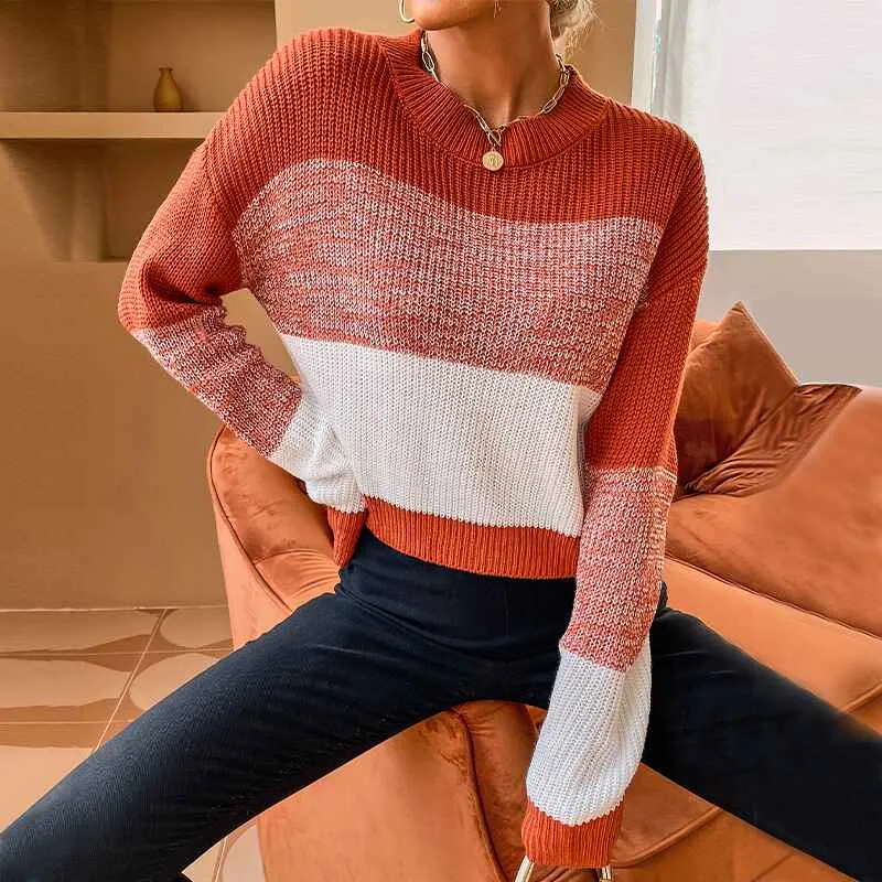 Women's Crew Neck Long Sleeve Color Block Knit Sweater Casual Pullover Jumper Tops K333