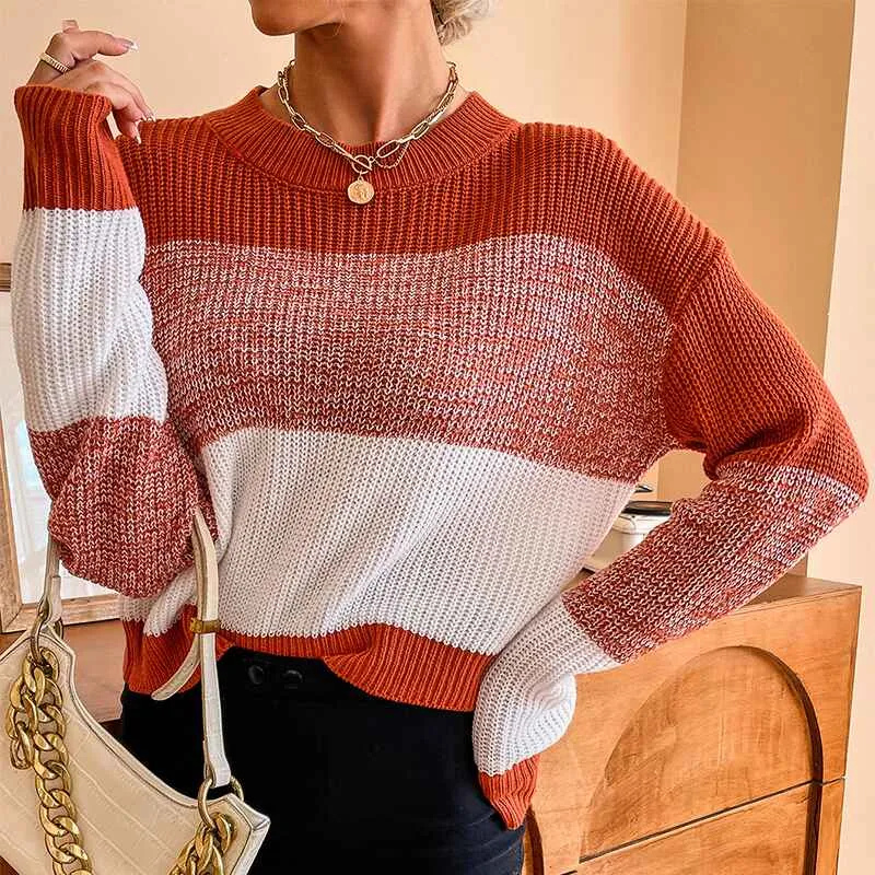 Women's Crew Neck Long Sleeve Color Block Knit Sweater Casual Pullover Jumper Tops K333