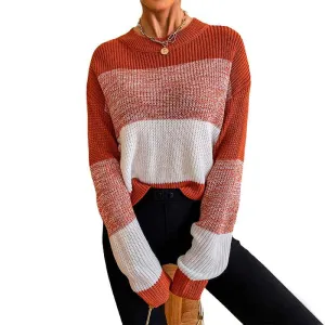 Women's Crew Neck Long Sleeve Color Block Knit Sweater Casual Pullover Jumper Tops K333