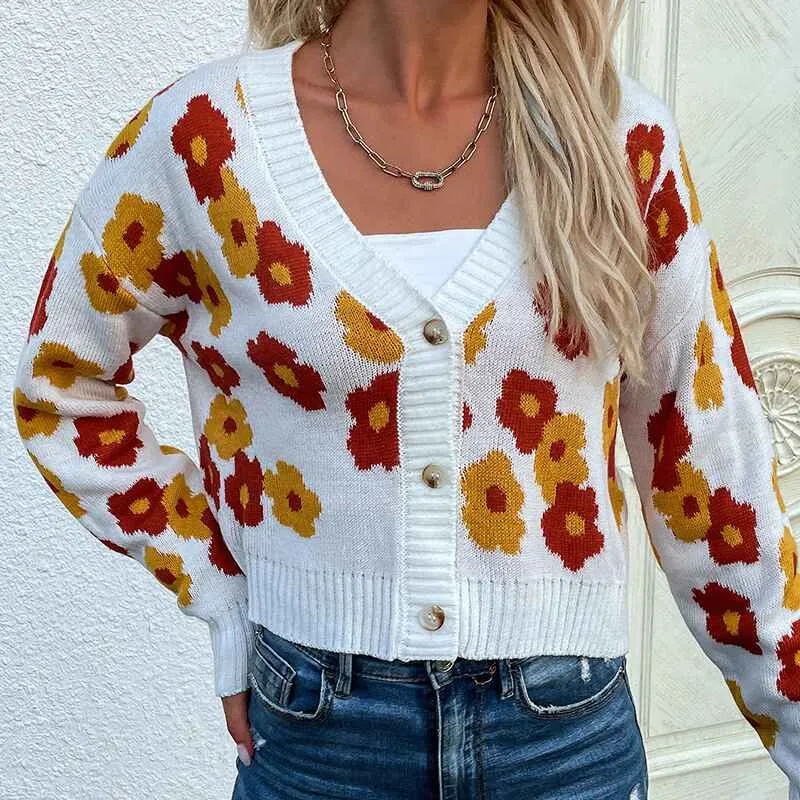 Women’s Flower Knit Loose Cardigan Button Long Sleeve V Neck Crop Sweater Cardigan Tops K328