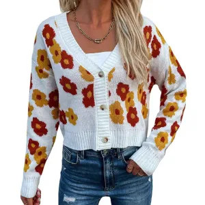 Women’s Flower Knit Loose Cardigan Button Long Sleeve V Neck Crop Sweater Cardigan Tops K328