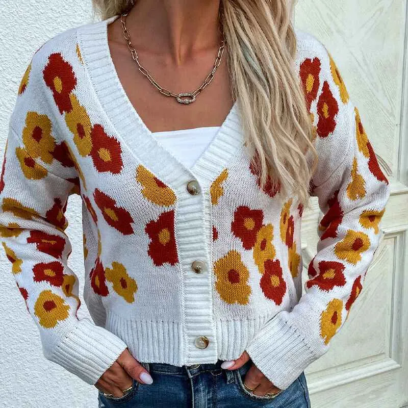 Women’s Flower Knit Loose Cardigan Button Long Sleeve V Neck Crop Sweater Cardigan Tops K328